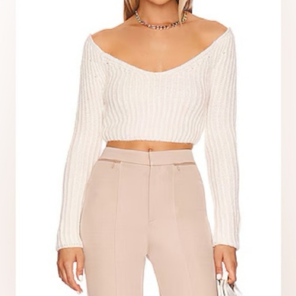 ASTR THE LABEL Mallory Off Shoulder Cream Ribbed Knit Sweater Crop Top  Small - Picture 4 of 11